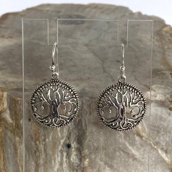 Sterling Silver 925 1.19" Round Openwork Filigree Tree Of Life Dangle Earrings - Picture 6 of 16